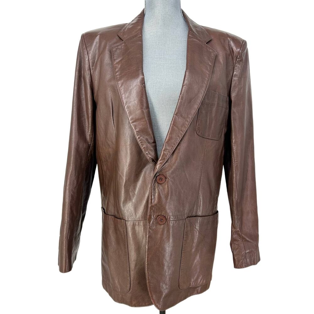Vintage Neiman Marcus Brown Leather 2 Button Blazer Sport Coat Size M Unisex